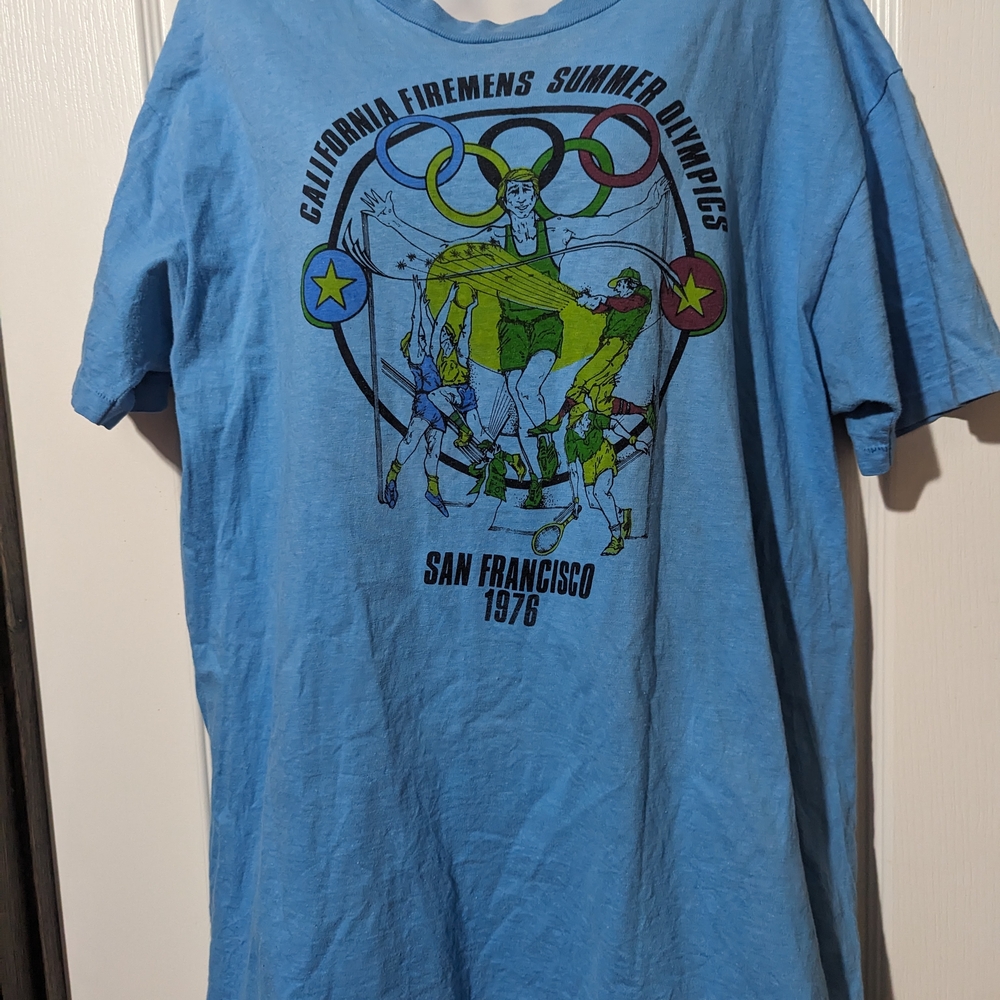 1970's VINTAGE CALIFORNIA FIREMENS OLYMPICS T-SHIRT SIZE L 1976 Single Stitch